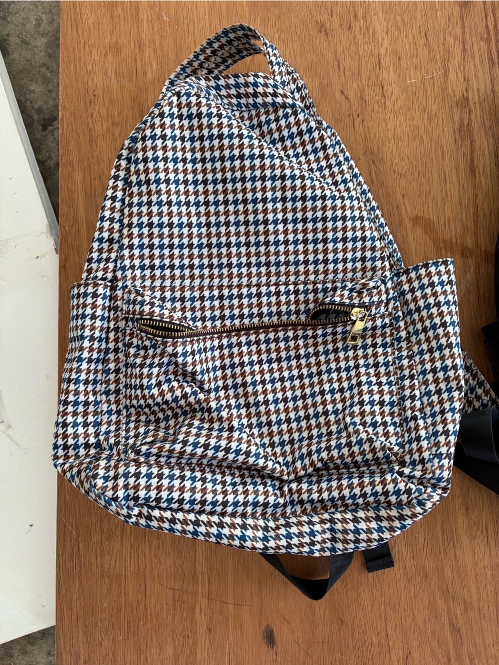 Houndstooth Pattern Backpack - Blue, Brown & White